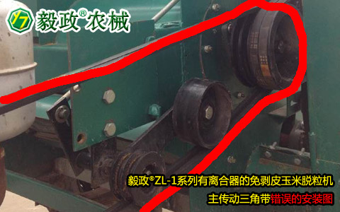 毅政牌ZL1系列有離合器的免剝皮玉米脫粒機(jī)，主傳動(dòng)三角帶錯(cuò)誤安裝